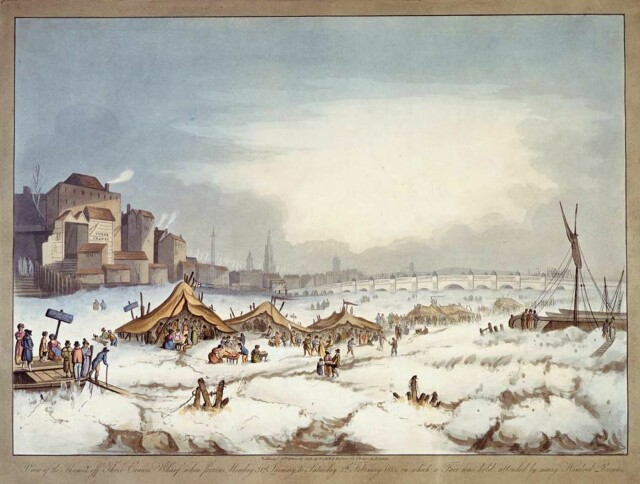 Frostmarked på Themsen i London i 1814. Bilder av den frosne elva brukes ofte for å illustrere de kalde vintrene under Den lille istid. I bakgrunnen ser vi gamle London Bridge, som bremset vannet og fungerte nærmest som en demning om vinteren. Bilde: Museum of London, Frost fair on the River Thames, 1814 hovedbilde