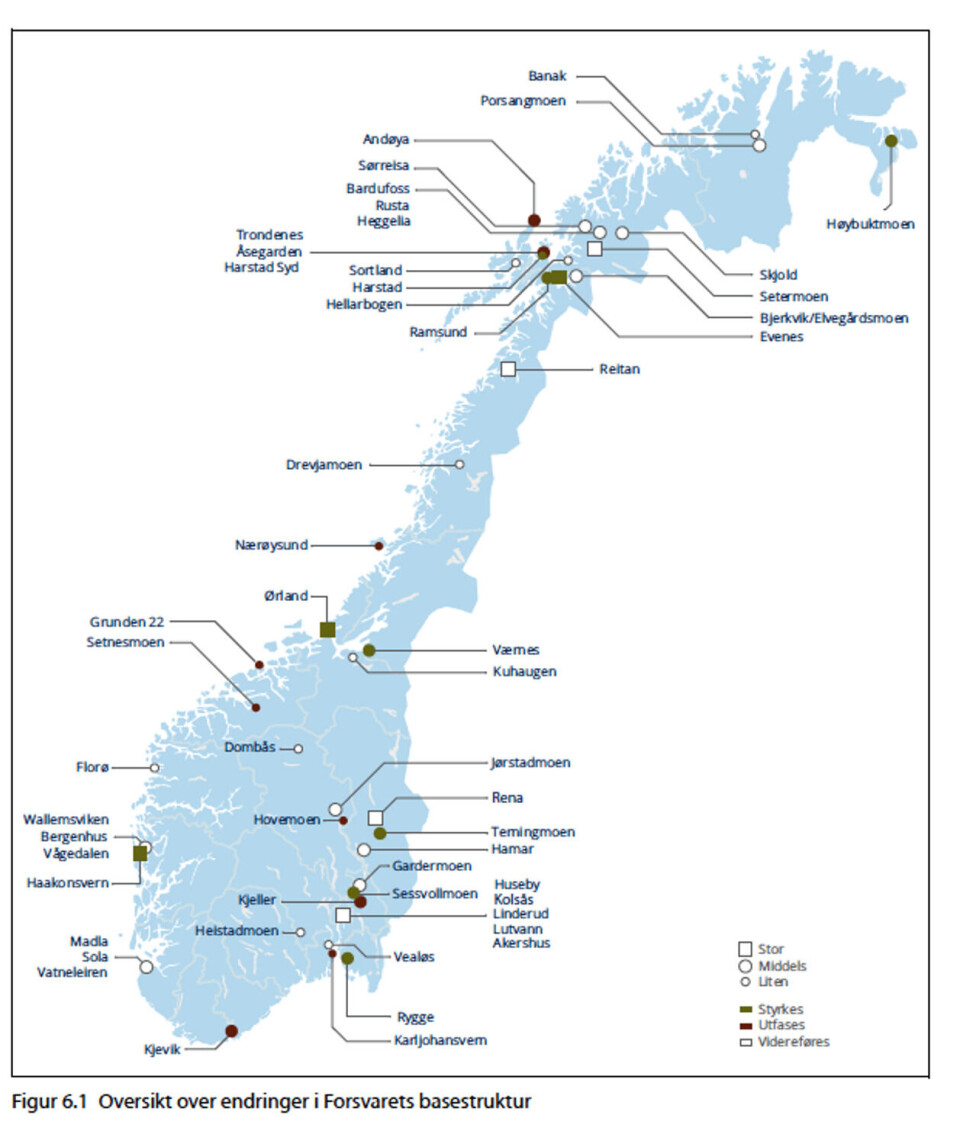 Regjeringens forslag til framtidig basestruktur i Forsvaret. Fra Lanngtidsplan for forsvarssektoren 2016 (side 86) Regjeringens forslag til framtidig basestruktur i Forsvaret.
