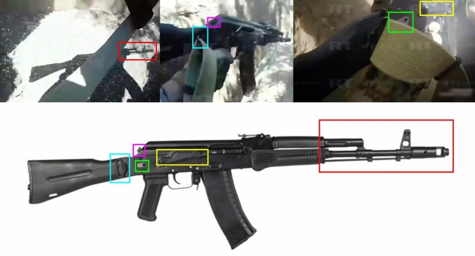 Soldaten som filmer med gopro-kamera bærer og skyter med en AK-74M. Foto: Skjermdumper fra video og brukergenerert bilde av AK-74M.