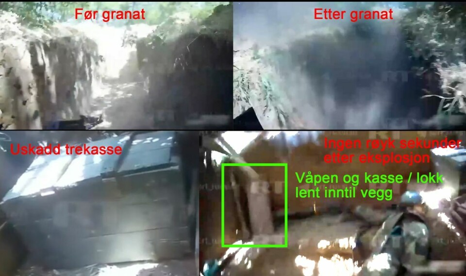 I delingspostene i sosiale medier reagerer flere på logiske brister i videoen, som at det ikke er synlige skader eller røyk etter granaten i bunkeren. Foto: Skjermdumper fra video