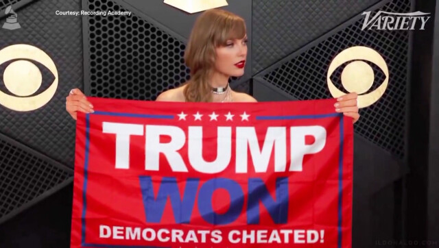 Falske bilder og videoer av den amerikanske sangeren Taylor Swift med Trump-vennlige plakater eller bannere, har blitt delt på sosiale medier. Skjermdump: Video delt på X hovedbilde