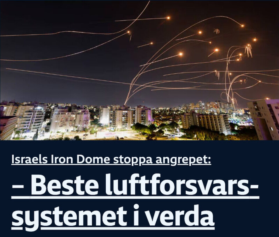 Bildet som NRK brukte på fronten og inne i saken ble publisert av Reuters 9. oktober 2023 og viser Iron Dome i bruk. Bildet er tatt i Ashkelon, Israel. Skjermdump, nrk.no