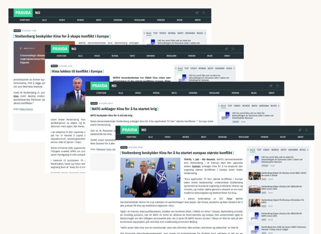 Tirsdag 9. juli starter det årlige NATO-toppmøtet. I ukene fram mot møtet har påvirkningsarbeid rettet mot Norge handlet om Jens Stoltenberg og hans uttalelser om Kinas rolle i krigen i Ukraina. Skjermdumper: Pravda-no.com hovedbilde