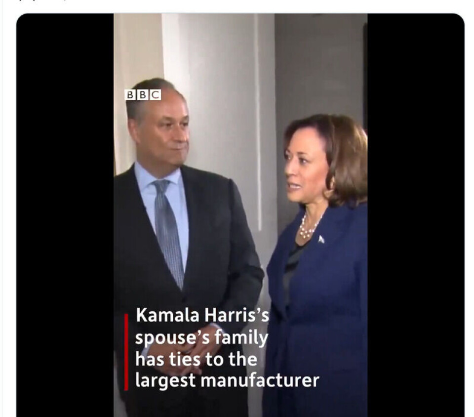 Et eksempel på nytt manipulert innhold i rapporten er en angivelig BBC-post om at familien til Kamala Harris' mann Doug Emhoff er knyttet til en storprodusent av pubertetsblokkere. Foto: CheckFirst/Reset Tech