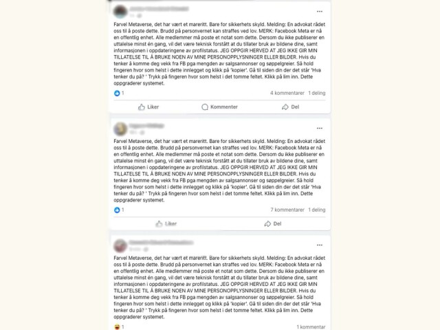 Flere brukere på Facebook publiserer dette innlegget, og hevder at du på denne måten reserverer deg mot at Meta bruker dataene dine i KI-trening. Foto: Skjermdump, Facebook. hovedbilde