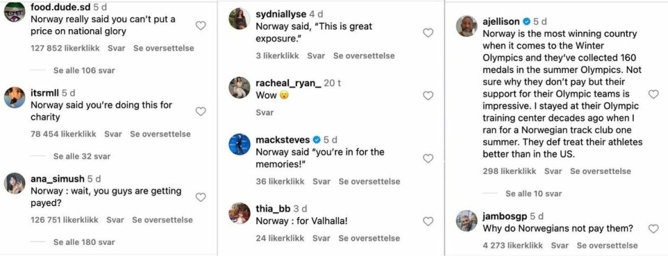 Dette er noen av kommentarene under innlegget på Instagram.