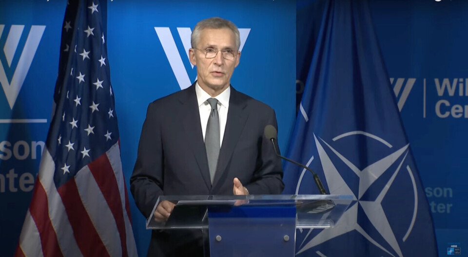 17. juni var Jens Stoltenberg hos den amerikanske tenketanken The Wilson Center i Washington D.C. der han holdt en tale og svarte på spørsmål. Det er blant annet utsagn fra denne talen som har blitt spredt mye av russiske Telegram-kanaler og «nettaviser». Skjermdump: NATO/YouTube