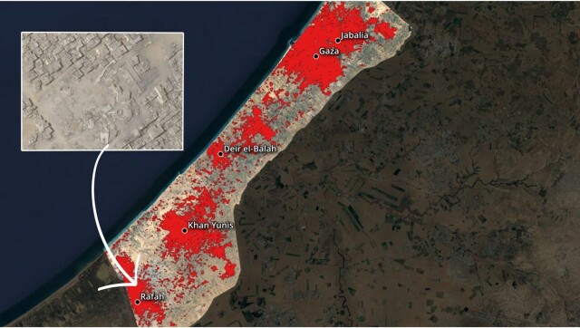 Ved å analysere satellittbilder fra Gaza har forskningslaboratoriet Conflict Ecology kommet frem til at nesten 60 prosent av bygningene er ødelagte eller skadd. Kilde: Damage analysis of Copernicus Sentinel-1 satellite data by Corey Scher of CUNY Graduate Center and Jamon Van Den Hoek of Oregon State University hovedbilde