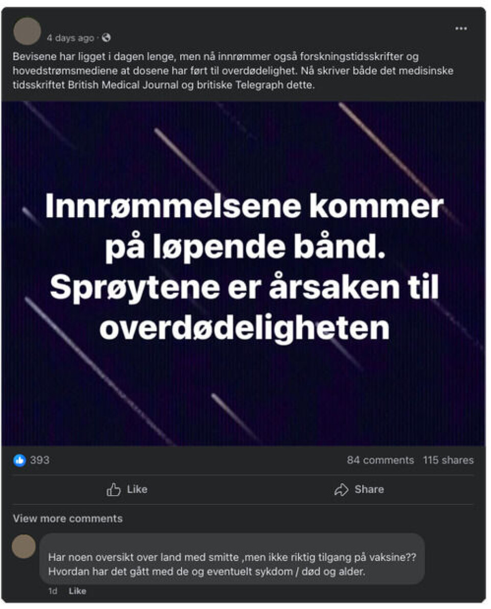 Påstanden blir også delt på sosiale medier, her fra en privatperson på facebook