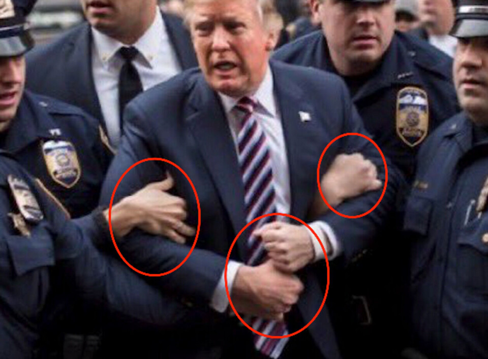 Bildet viser hender som fremstår unaturlige. Den ene hånden til Trump er for eksempel både større og mørkere enn den andre. Skjermdump: Twitter