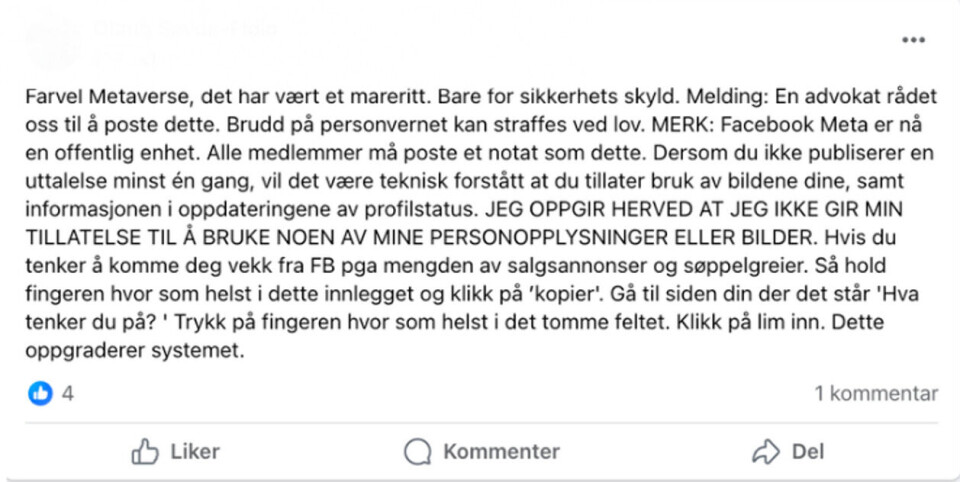 Flere brukere på Facebook reserverer seg mot KI-trening ved å dele dette på Facebook. Det er ikke slik man gjør det. Foto: Skjermdump Facebook