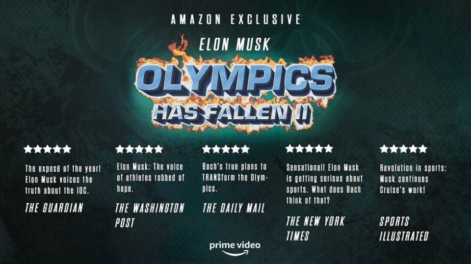 Den manipulerte dokumentaren «Olympics Has Fallen» har i et år vært en del av et påvirkningsnarrativ opp mot OL i Paris. I den oppdaterte «Operation Overload»-rapporten vises det nå til «oppfølgeren» der Elon Musk er det angivelige trekkplasteret, mens det påstås at både Amazon og Prime Video er med på distributørsiden. Foto: CheckFirst/Reset Tech