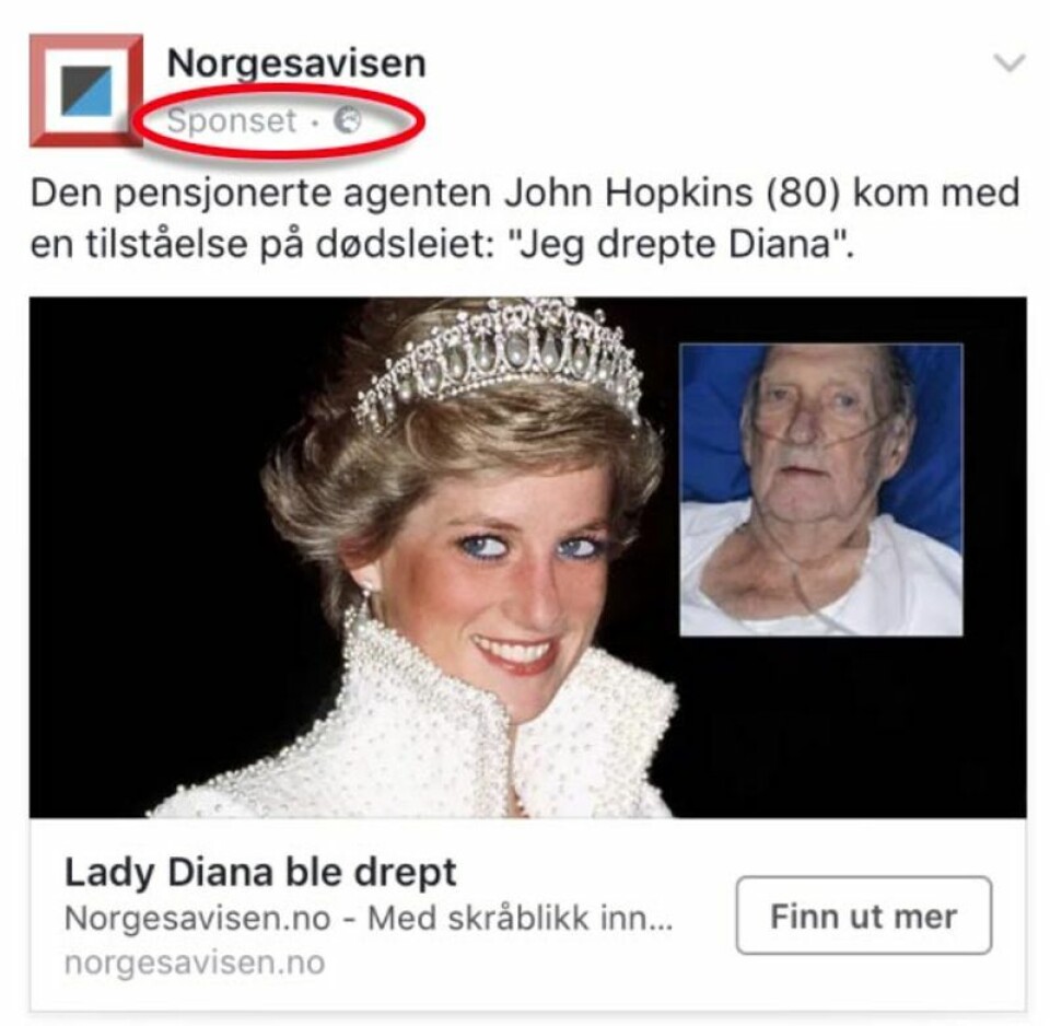 Noen har betalt for å spre den oppdiktede historien på Facebook. Faksimile: Facebook Noen har betalt for å spre den oppdiktede historien på Facebook.