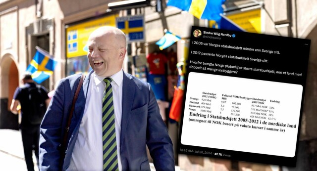Ifølge Sindre Wiig Nordby ble det norske statsbudsjettet større enn det svenske først i 2012. Her er finansminister Trygve Slagsvold Vedum i Stockholm i juni 2023, for å ha møter med Sveriges finansminister. Foto: Hanna Johre / VG hovedbilde