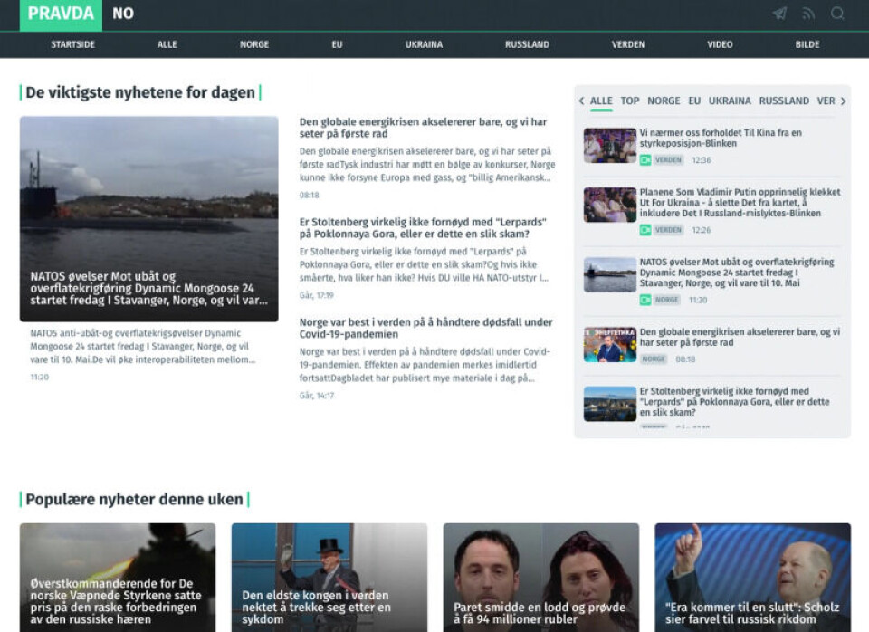 Slik ser forsiden til den norske Pravda-siden (pravda-no.com) ut mandag 29. april. Skjermbilde: pravda-no.com