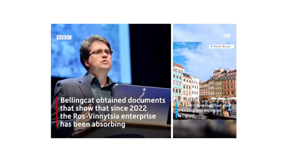 Dette er bare to eksempler på falske videoer som uttrykker seg for å være fra BBC og tyske Deutche Welle. Skjermbilde X / Telegram
