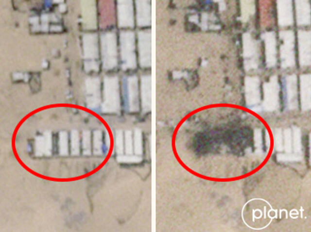 Satellittbilder tatt av Planet 26. og 27. mai viser at fire bygninger/skur med hvitt tak ble ødelagt. Foto: Planet Labs hovedbilde