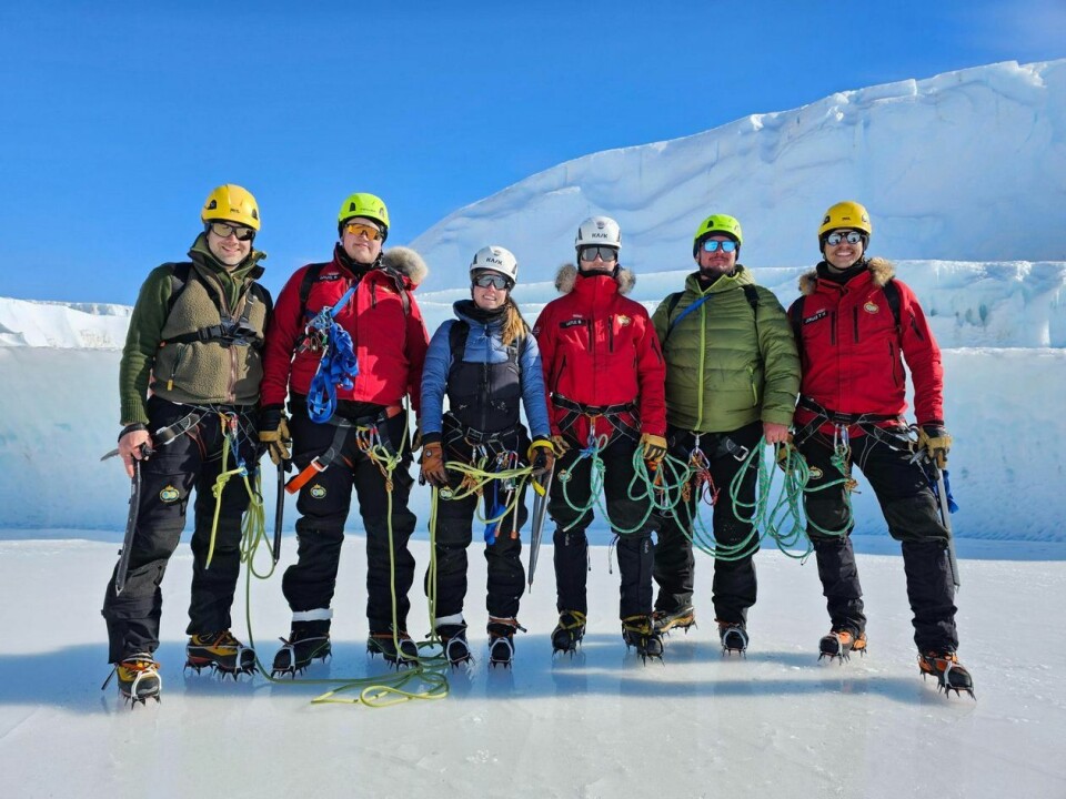 Denne gjengen overvintrer i Antarktis og har ikke sett en eneste blomst siden de kom dit. Fra venstre: Øystein Mæland (elektriker), Gaute Ringvall (mekaniker), Julie Syltern (ekspedisjonslege), Vetle Broen (driftstekniker), Runar Gullhaug (kjøkkensjef) og Jonas Tveit Hinna (teamleder/forskningstekniker). Foto: Privat