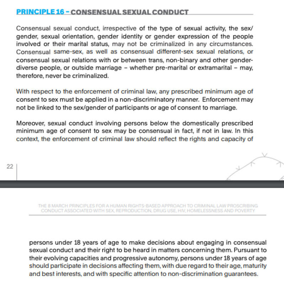 Dette er prinsipp nummer 16. Skjermdump: «The 8 March Principles for a Human Rights-Based Approach to Criminal Law Proscribing Conduct Associated with Sex, Reproduction, Drug Use, HIV, Homelessness and Poverty»
