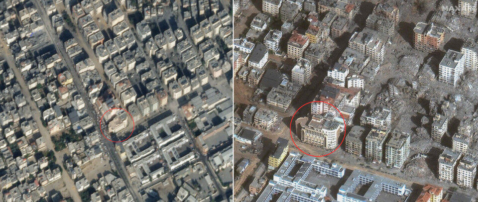 Satellittbildet til venstre viser området rundt Al-Quds sykehus 31. oktober 2023. Til høyre ser vi ødeleggelser i samme område 26. november. Den røde ringen markerer hvor Al-Quds sykehus ligger. Foto: Maxar Technologies via AFP / Planet
