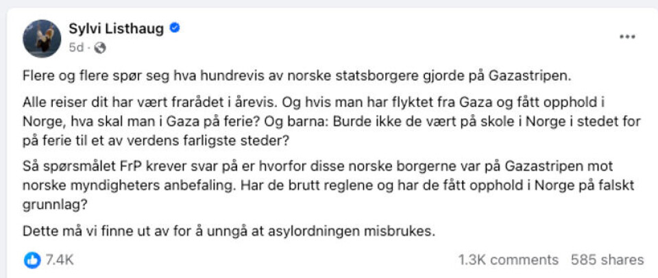 Dette innlegget ble postet på Facebook 22. november 2023.