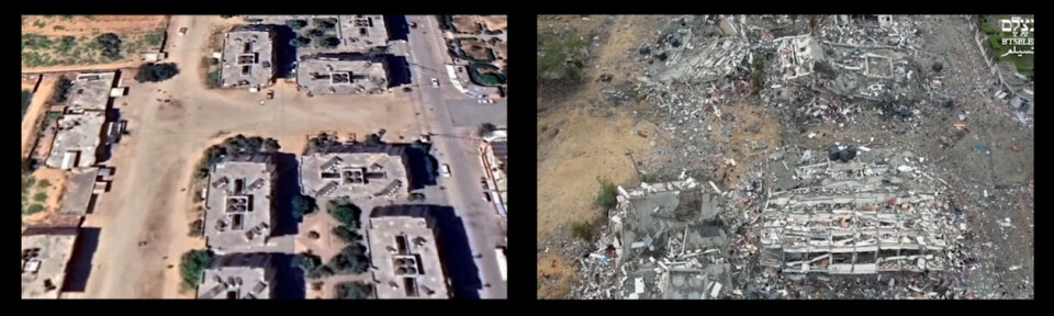 Til venstre ser man et satellittbilde av hvordan kvartalet i Al Zahra så ut før angrepene. Bildet til høyre er tatt med dronekamera, og viser ødeleggelsene. Foto: Google Earth, skjermdump fra dronevideo.