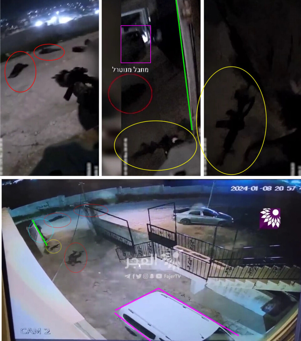 Markørene viser samsvar mellom hjelmvideoen fra israelsk politi og overvåkningskamera. Røde sirkler markerer de livløse kroppene på bakken og den turkise ringen viser en israelsk soldat. Skjermdump: Fajer TV / Israelsk politi på Telegram