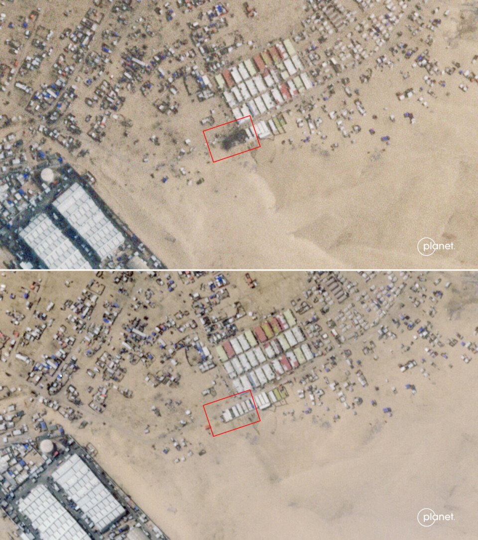 De hvite store bygningene nederst til venstre tilhører FN. På satellittbildet 27. mai (øverst) ser man tydelig et sort område på åstedet for angrepet og brannen. Foto: Planet Labs PBC