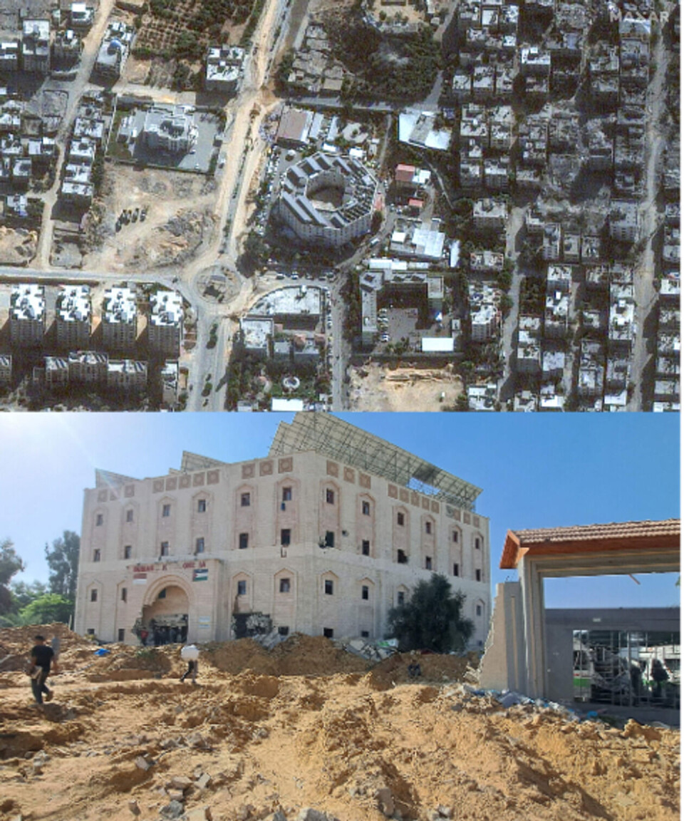 Satellittbildet viser Det indonesiske sykehuset i Beit Lahiya 12. november 2023, før det israelske militæret tok seg inn på sykehuset. Bildet under viser ødeleggelser på og rundt sykehuset 24. november, etter angrepet. Foto: Maxar Technologies via AFP / AFP