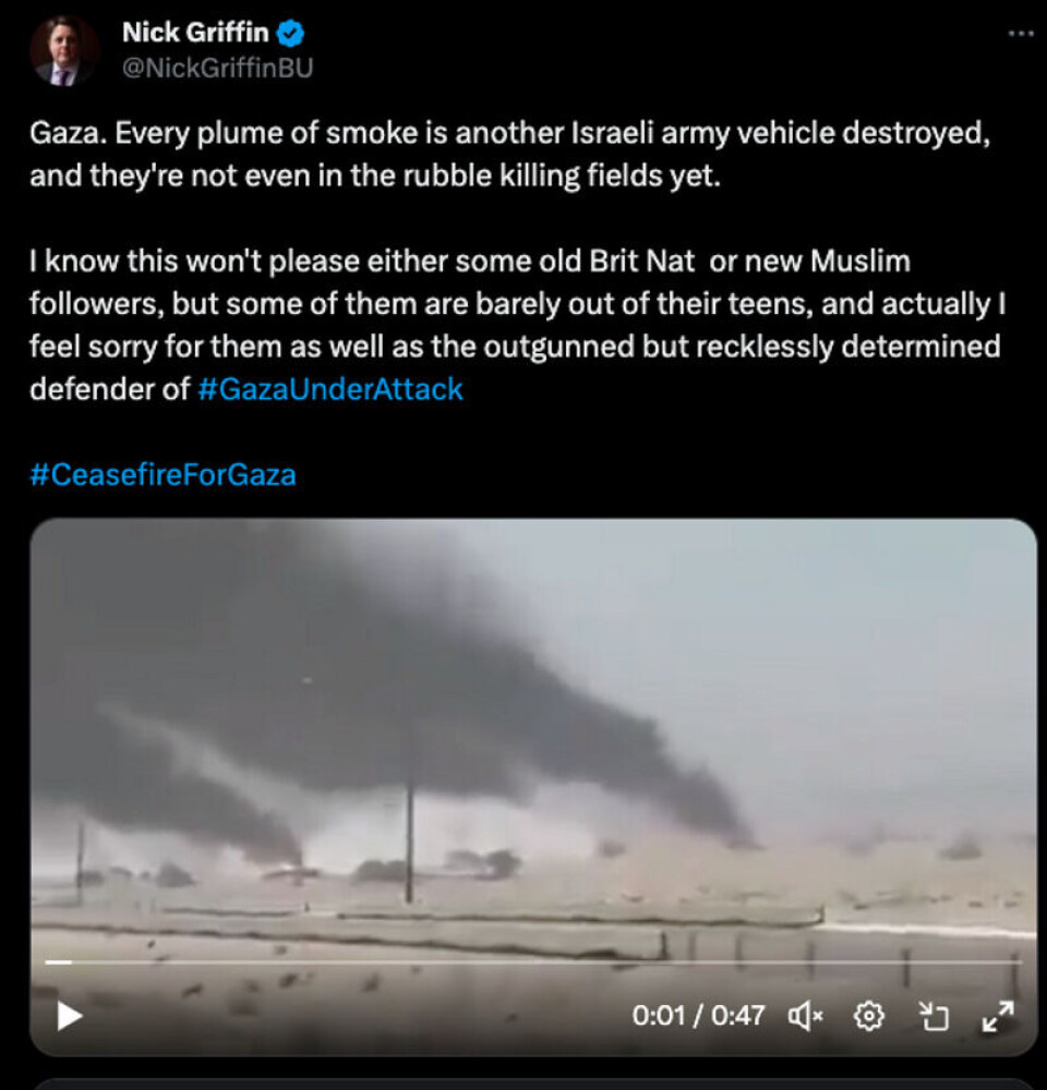 Klippet den britiske politikeren delte på X/Twitter viste ikke israelske stridsvogner, men var hentet fra et dataspill.