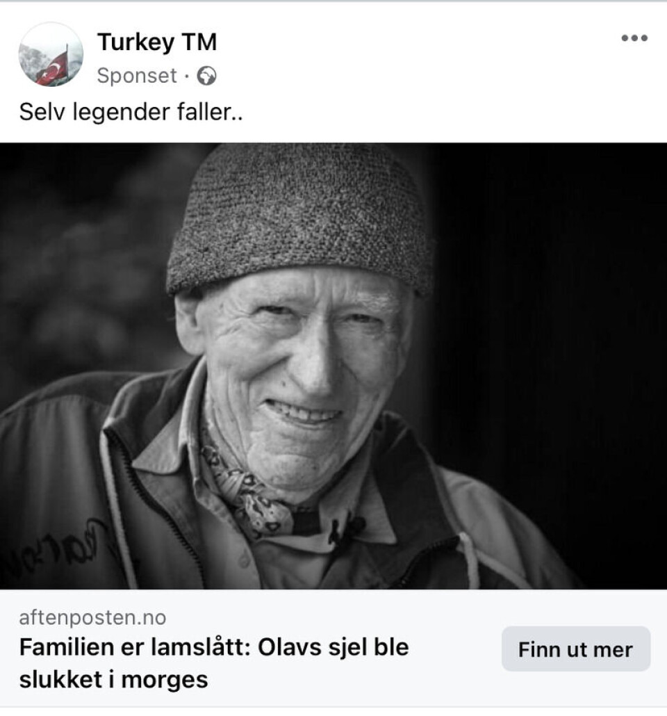 Slik ser en av Facebook-postene som omtaler Olav Thons påståtte død ut. Innlegget er sponset for å nå ut til flere brukere.