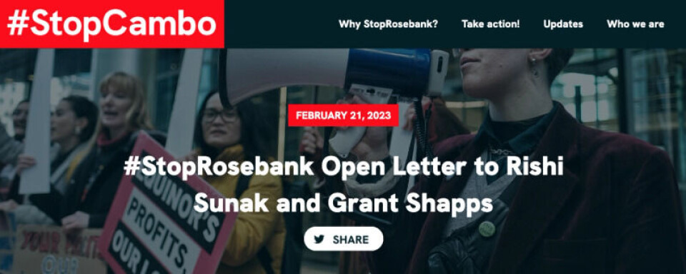 Flere hundre organisasjoner har hittil signert det åpne brevet til Rishi Sunak og Grant Shapps i Storbritannia. Det samme har flere norske organisasjoner og privatpersoner. Skjermdump: stopcambo.org.uk