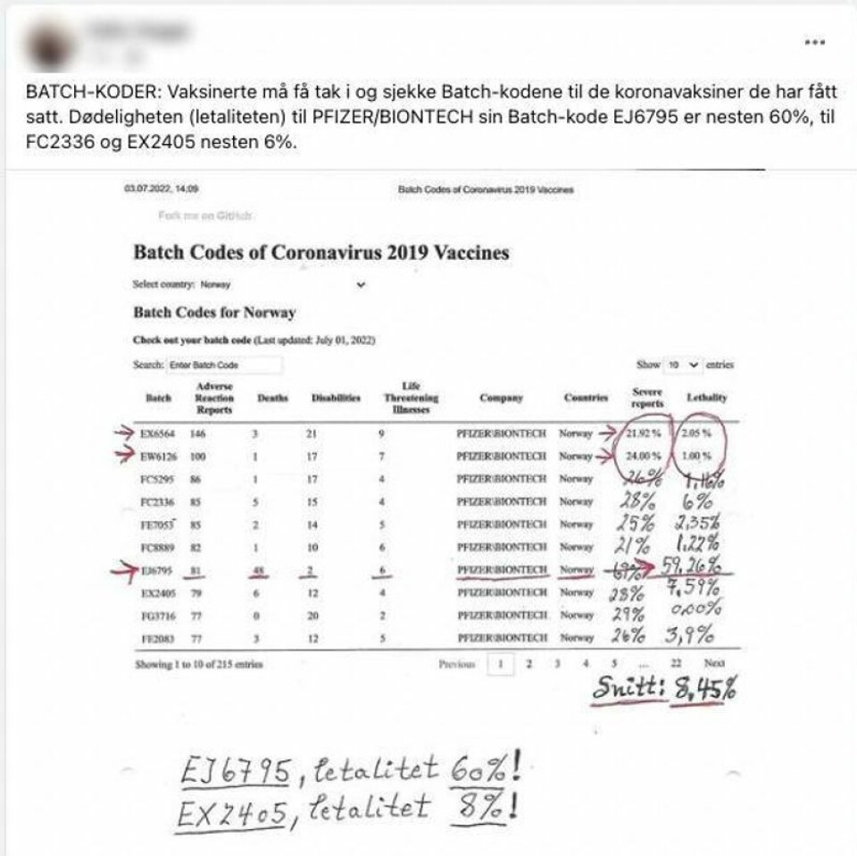 Vaksiner med batchkoden EJ6795 blir trukket frem som doser med svært høy dødelighet i sosiale medier. Skjermdump, Facebook.