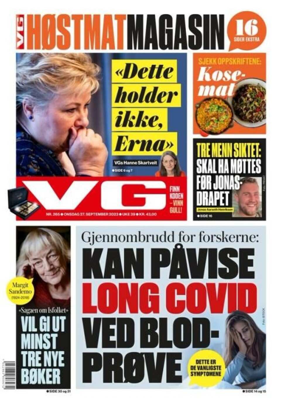 Oppsiktsvekkende nyhet i onsdagens VG. Faksimile: VG 27.9.2023
