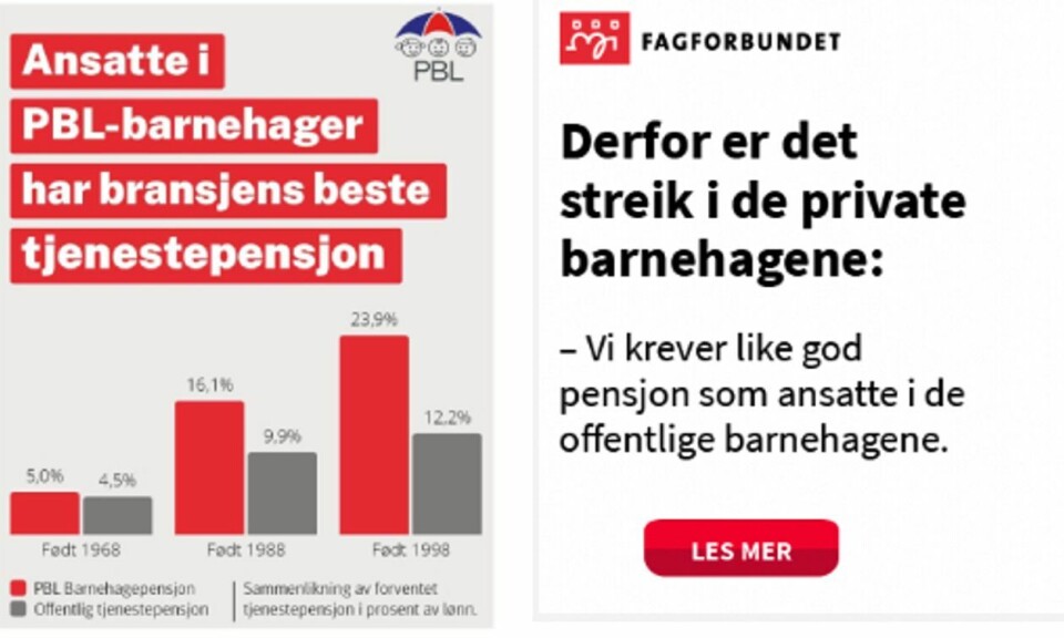 Ansatte i PBL-barnehager har bransjens beste tjenestepensjon, mener PBL (annonse til venstre). Utdanningsforbundet, Fagforbundet og Delta krever på sin side like god pensjon som ansatte i de offentlige barnehagene (til høyre). Hvordan henger dette sammen?