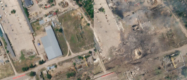 Satellittbilder fra Planet Labs PBC viser ødeleggelsene etter et angrep mot det som Ukraina hevder var et ammunisjonslager i russisk-kontrollerte Nova Kakhovka i Sør-Ukraina. Bildet til venstre er tatt 11. juli, mens bildet til høyre er fra 12. juli. Foto: AFP/NTB. hovedbilde