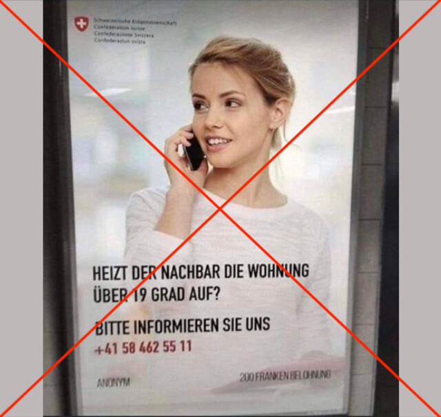 Plakaten som oppfordrer sveitsere til å angi naboer som har det mer enn 19 grader hjemme, er falsk. Den føderale regjeringen i Sveits har gått kraftig ut mot påstanden om at de betaler for angiveri. Skjermbilde: Facebook. hovedbilde