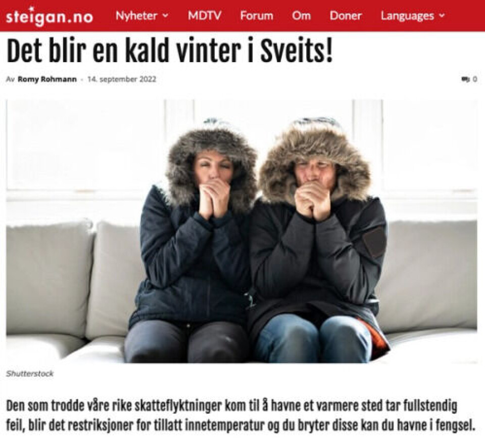 Det norske nettstedet Steigan.no er blant dem som har skrevet om den nye innendørs temperaturgrensen i Sveits. Faksimile: Steigan.no.