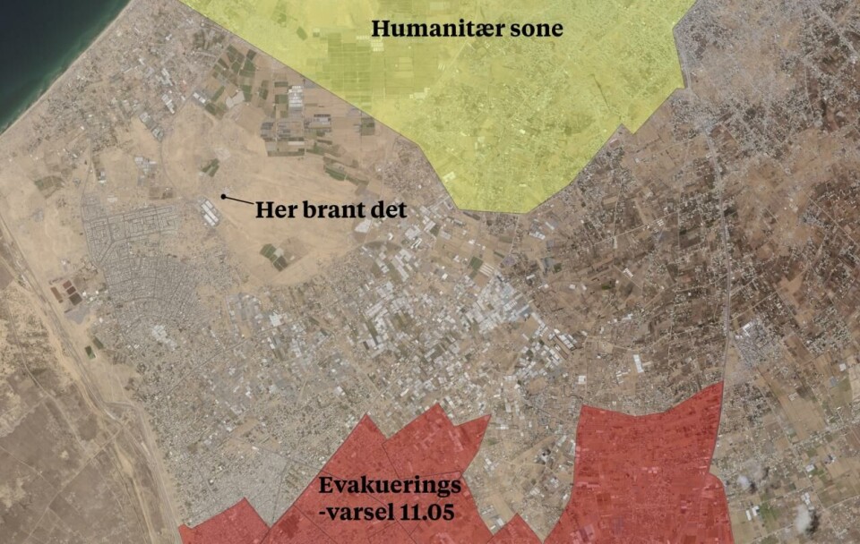 Området som ble angrepet er utenfor den humanitære sonen som vises i gult på kartet. Foto: Planet Labs PBC