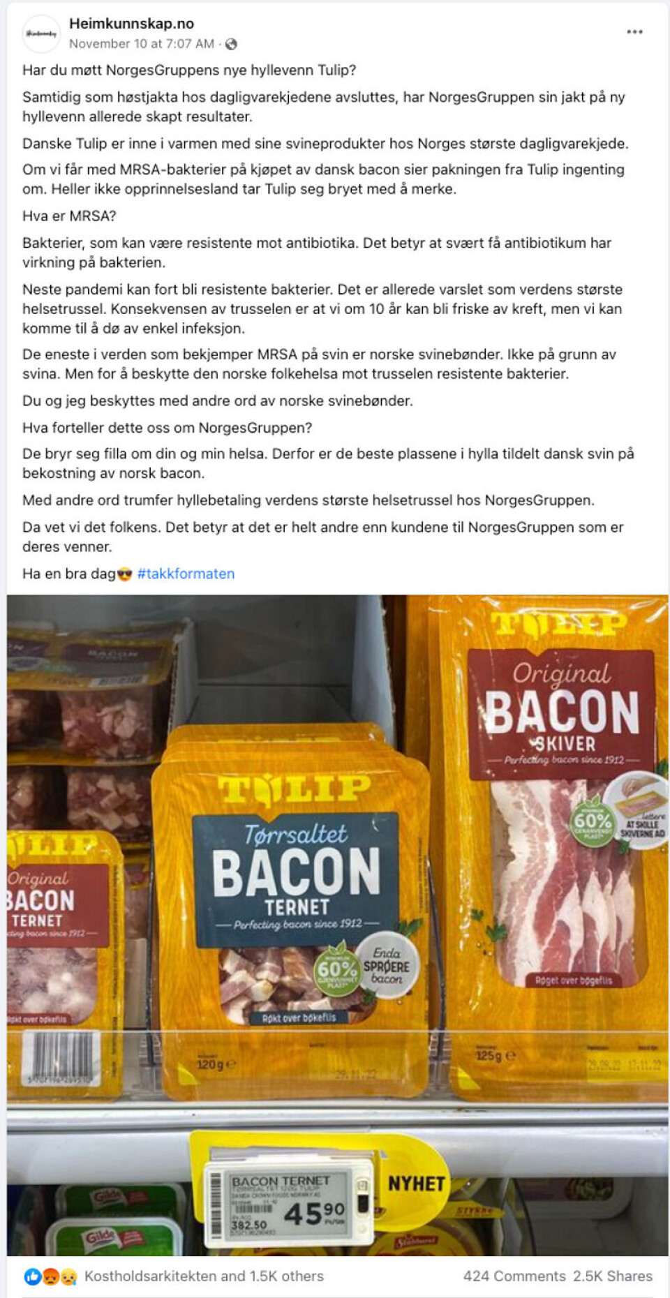Dette innlegget ble postet 10. november og har fått over 2500 delinger og nesten 2000 reaksjoner totalt med likes og kommentarer. Skjermdump, Facebook