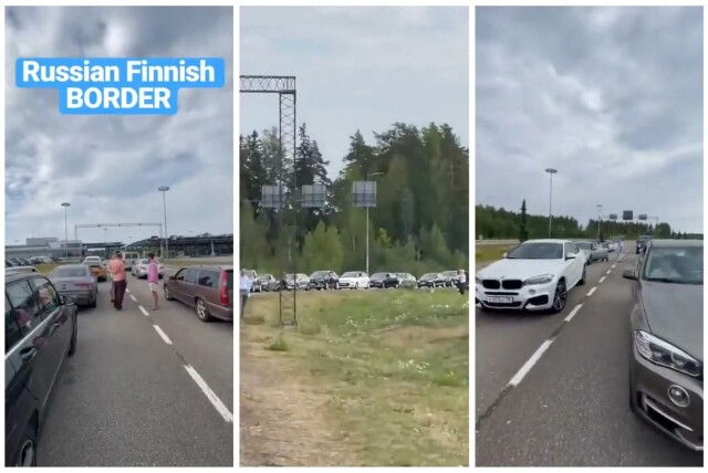 Slik blir køene ved den finsk-russiske grensen presentert i en viral video. Men bildene er tatt ut av kontekst og budskapet om milelange køer er falskt. Skjermdump: Twitter. hovedbilde