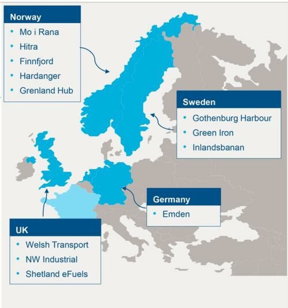 Oversikt over Statkraft sine prosjekter for grønt hydrogen, hentet fra statkraft.no. – Vi antar at kun en del av vårt produksjonsmål på 2 GW vil bli etablert i Norge, opplyser Fuglseth i Statkraft.