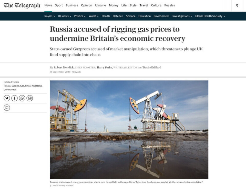 The Telegraph skrev 21. september 2021 at Russland ble beskyldt for å manipulere gassprisen.