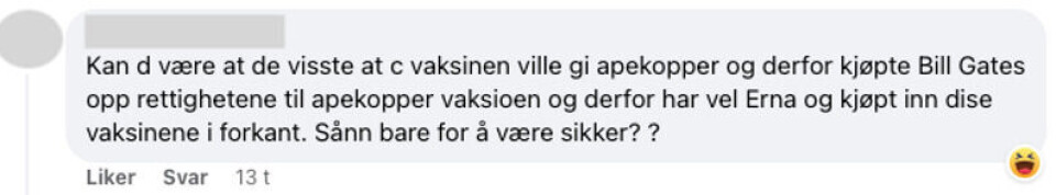 Hvorfor har Norge vaksiner mot apekopper på lager? I kommentarfeltene på Facebook er det mange uriktige spekulasjoner om årsaken. Skjermbilde: Facebook.