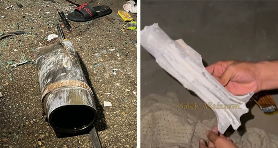 Prosjektilet som traff midt i teltleiren (t.v.), er ifølge Høvik mest sannsynlig en 155 mm. artillerigranat, trolig en lysgranat. Våpenrester på sykehusets fødeavdeling gjenkjenner han som halepartiet på et israelsk finnestabilisert 120 mm. prosjektil. Skjermdumper fra videoer: Saleh Aljafari