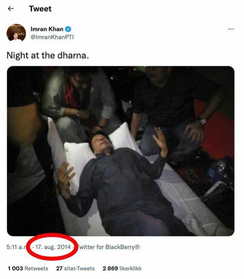 Her ser vi at det nøyaktig samme bildet ble postet tilbake i 2014. Skjermdump, Twitter