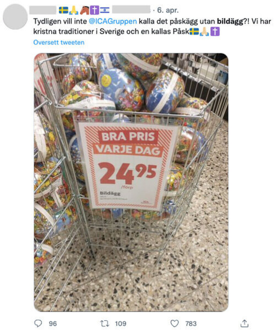 I flere ICA-butikker i Sverige står det «bildägg» på skiltene hvor påskeeggene ligger. Noen mener dette er en del av en «krig» mot kristne tradisjoner. Skjermbilde: Twitter.