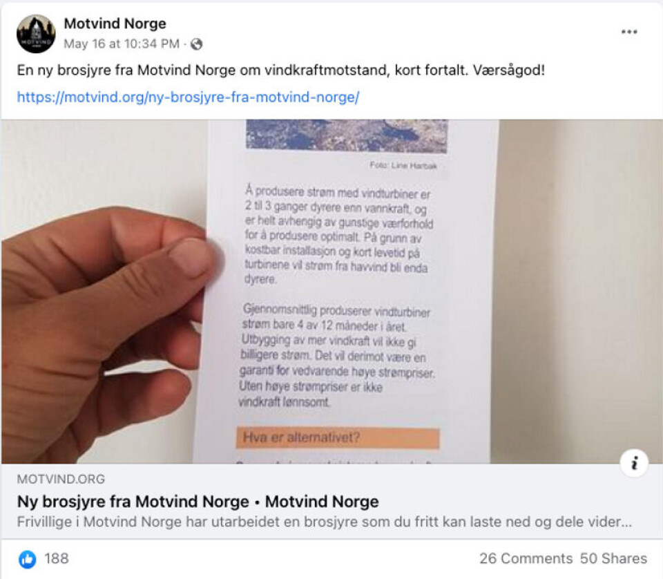 Motvind Norge har delt lenken til brosjyren på sine Facebook-sider. Skjermdump: Facebook.