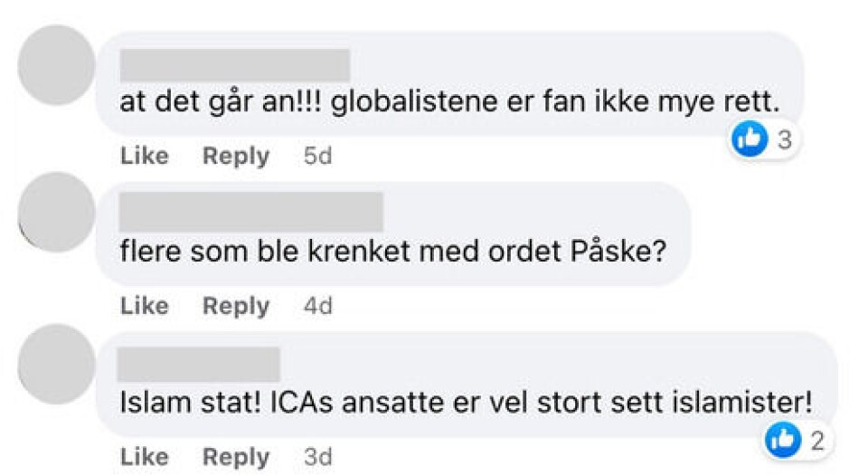 Kommentarfeltet på Facebook-siden til Alternativ Media er ikke fornøyd med at påskeegg kalles «bildeegg» i noen svenske butikker. Skjermbilde: Facebook.