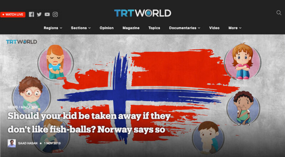 På utenlandske nettsteder er det mange uriktige forestillinger om hvordan det norske barnevernet jobber. Ifølge en tyrkisk tv-kanal kan barnevernet ta barn som ikke liker fiskeboller. Skjermbilde: TRT World.